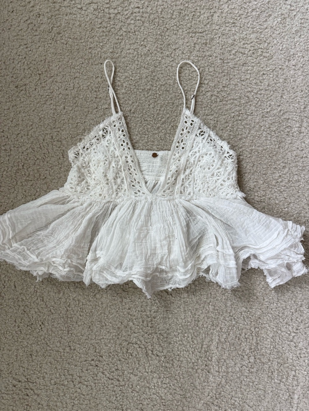 Free People White Crochet Babydoll Tank with Spaghetti Straps